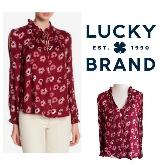 Lucky Brand long sleeve cranberry floral top size medium - Picture 1 of 7